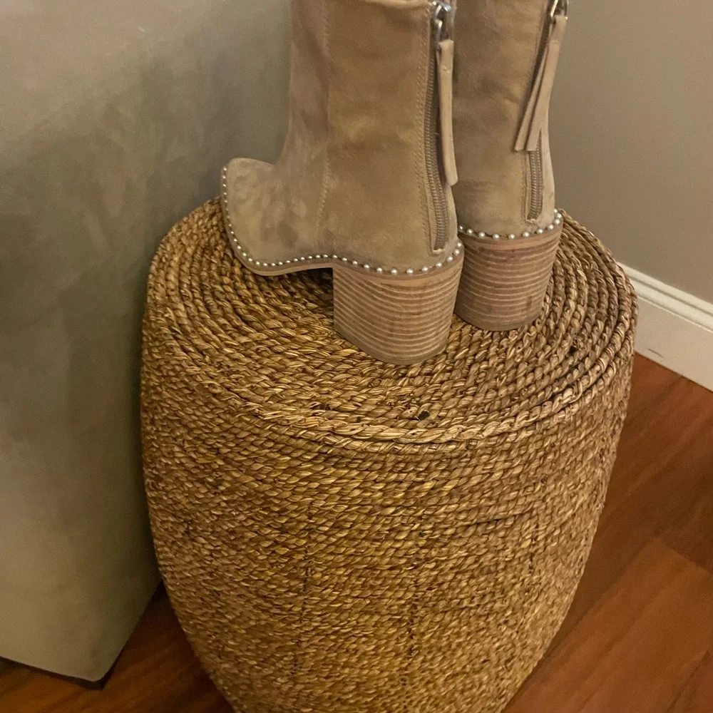 Steve Madden Tan Suede Pointed Toe Ankle Boots with Stud Trim